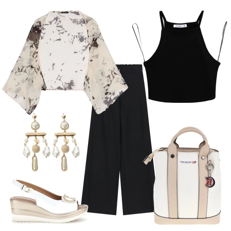 Outfit donna - Total look #2411585. Stile Casual chic per Ufficio. Abbinamento con top, orecchini, pantaloni, blazer, zeppe, zaini.