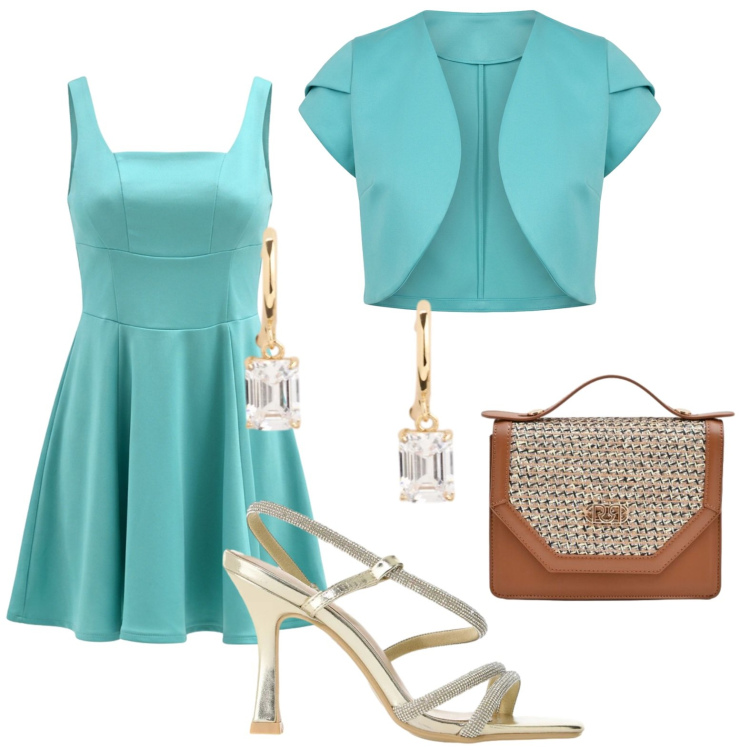 Outfit donna - Cerimonia turchese. Stile Chic per Cerimonia. Abbinamento con pochette, bolero, vestiti corti, sandali col tacco, orecchini.