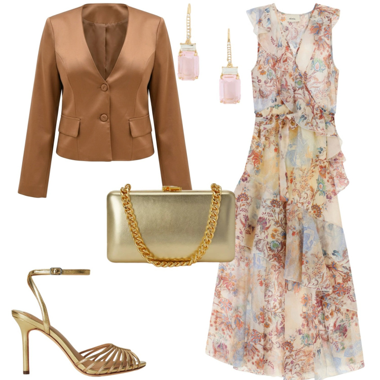 Outfit donna - Romantica chic cerimonia evento serata. Stile Chic per Cerimonia. Abbinamento con blazer, vestiti lunghi, clutch, sandali in pelle, orecchini.
