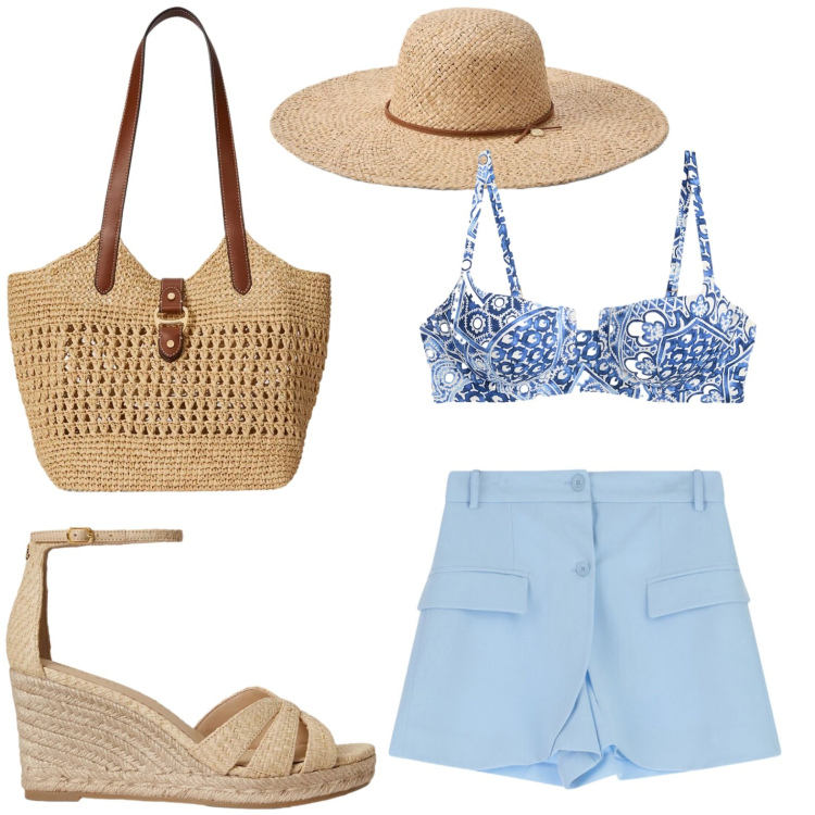 Outfit donna - Gonna pantalone navy. Stile Glamour per Mare. Abbinamento con shorts, bikini, borse tote, cappelli, espadrillas.