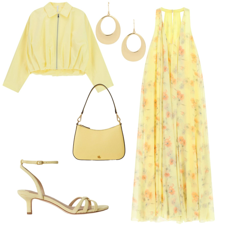 Outfit donna - Chic cerimonia evento serata. Stile Chic per Cerimonia. Abbinamento con vestiti lunghi, bomber, sandali col tacco, borse a spalla, orecchini.