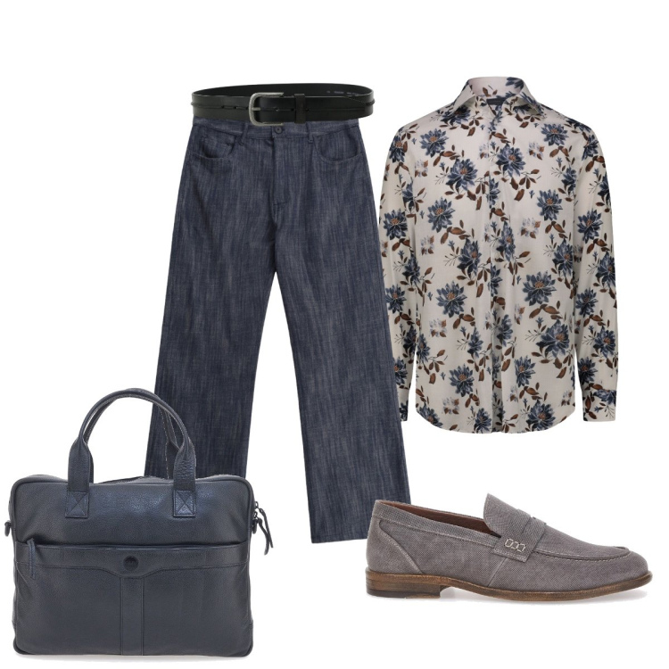 Outfit uomo - Trendy per l’ufficio. Stile Trendy per Ufficio. Abbinamento con jeans, cinture, camicie, scarpe stringate, borse sportive.