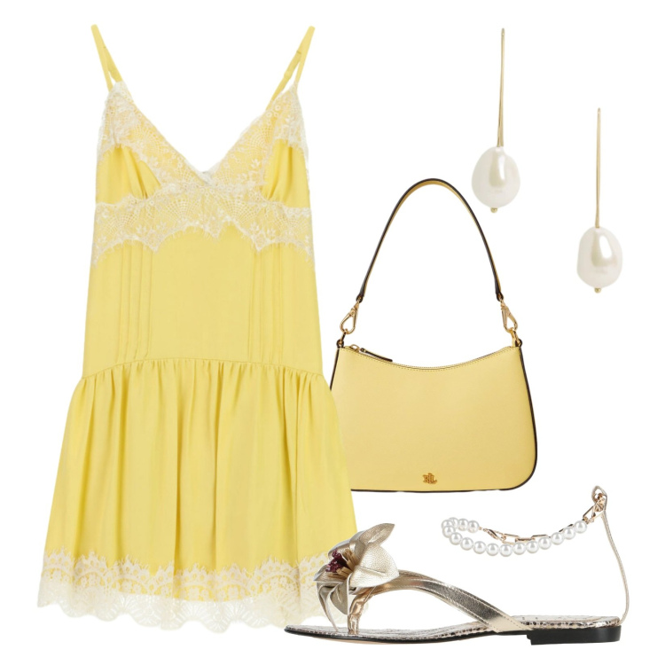 Outfit donna - Vestito corto. Stile Romantica per Serata fuori. Abbinamento con ciabatte, vestiti corti, orecchini, borse a spalla.