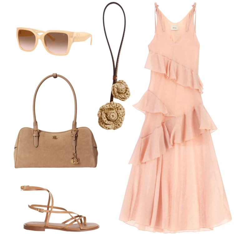 Outfit donna - Total look #2411602. Stile Romantica per Tutti i giorni. Abbinamento con sandali in pelle, vestiti lunghi, occhiali da sole, borse a mano, ciondoli.