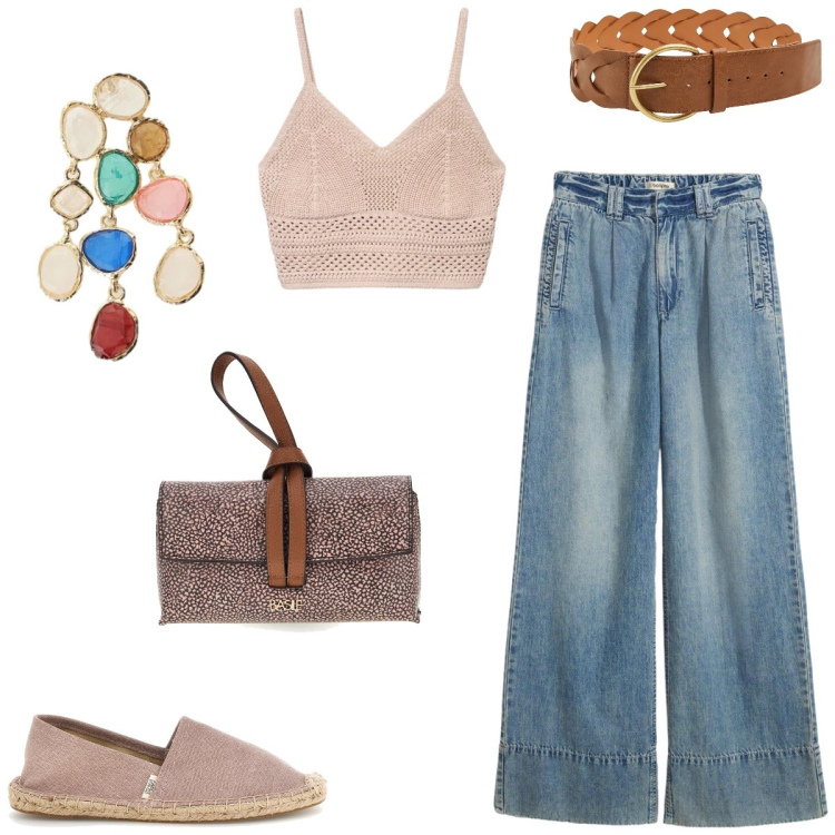Outfit donna - Total look #2411605. Stile Boho per Tutti i giorni. Abbinamento con jeans, cinture, top, orecchini, borse a tracolla, espadrillas.
