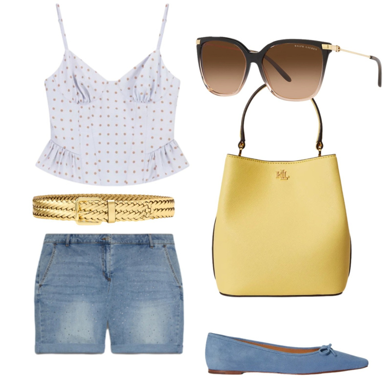 Outfit donna - Cintura effetto oro. Stile Casual per Tutti i giorni. Abbinamento con top, shorts, occhiali da sole, ballerine, cinture, borse a secchiello.