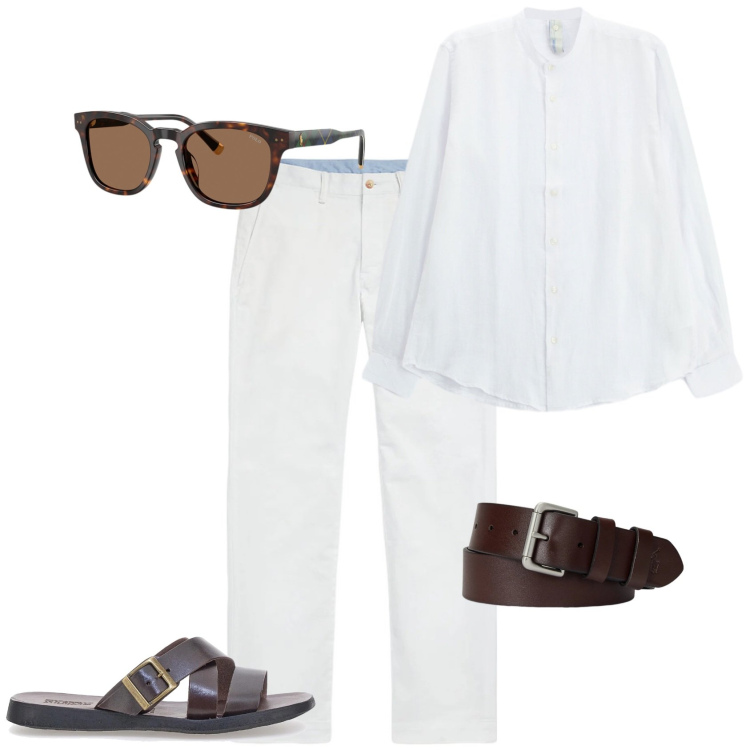Outfit uomo - Trendy tempo libero. Stile Trendy per Tutti i giorni. Abbinamento con camicie, pantaloni, cinture, occhiali da sole, sandali.