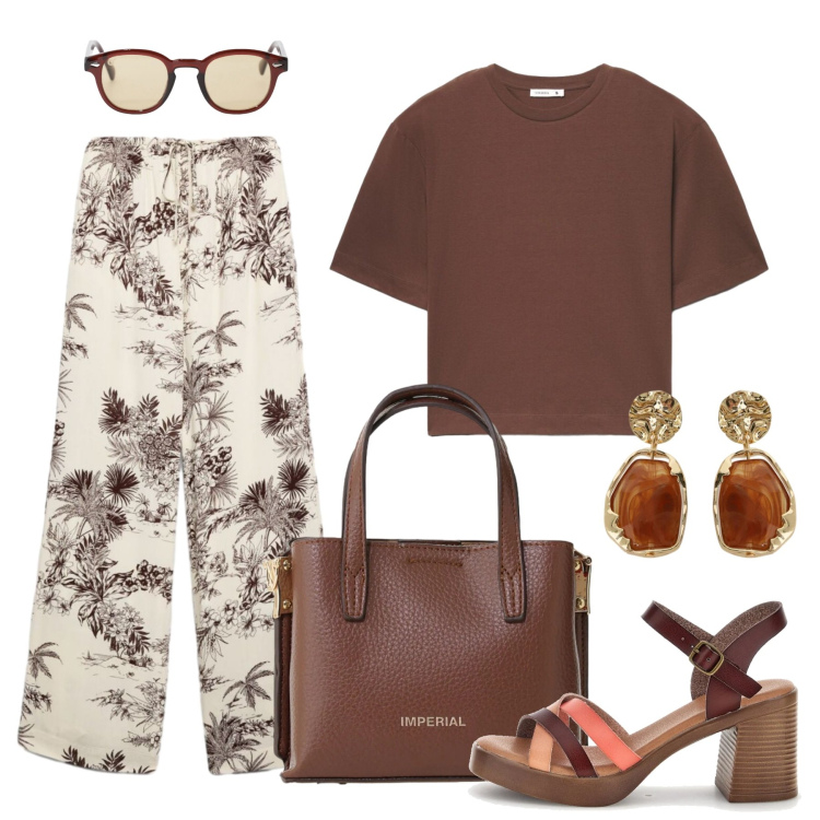 Outfit donna - In città. Stile Casual chic per Tutti i giorni. Abbinamento con pantaloni, t-shirt, occhiali da sole, borse a tracolla, orecchini, sandali col tacco.