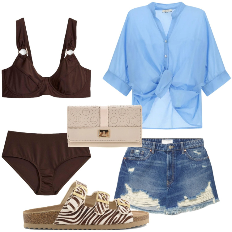 Outfit donna - Camicia/pareo. Stile Glamour per Mare. Abbinamento con bikini, shorts, camicie, sandali in pelle, portafogli.