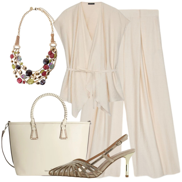 Outfit donna - Voglia di toni chiari. Stile Bon Ton per Tutti i giorni. Abbinamento con shopping bag, décolleté, collane, caftani, pantaloni a palazzo.
