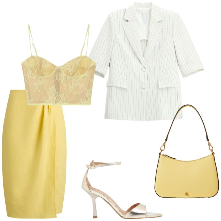 Outfit donna - Giallo solare. Stile Glamour per Ufficio. Abbinamento con sandali in pelle, blazer, canottiere, gonne, borse a spalla.