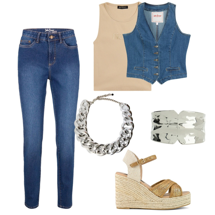 Outfit donna - Aperitivo in centro. Stile Boho per Serata fuori. Abbinamento con gilet, jeans skinny, braccialetti, top, collane, zeppe.