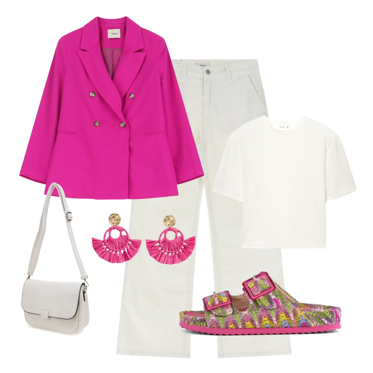 Outfit donna - Blazer colorato. Stile Trendy per Tutti i giorni. Abbinamento con orecchini, t-shirt, blazer, jeans, sandali, borse a tracolla.