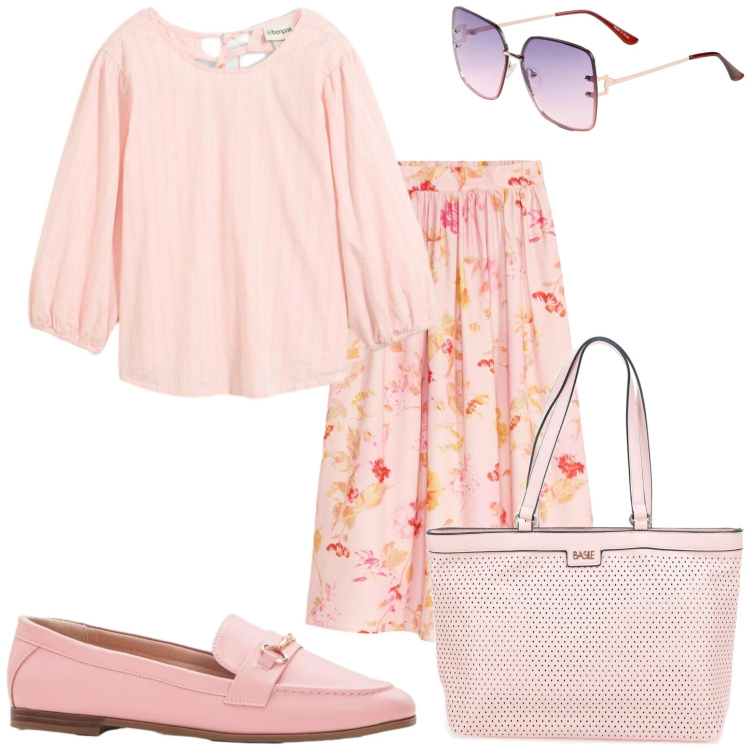 Outfit donna - Uscire di casa. Stile Casual chic per Tutti i giorni. Abbinamento con gonne lunghe, mocassini, occhiali da sole, bluse, borse a spalla.
