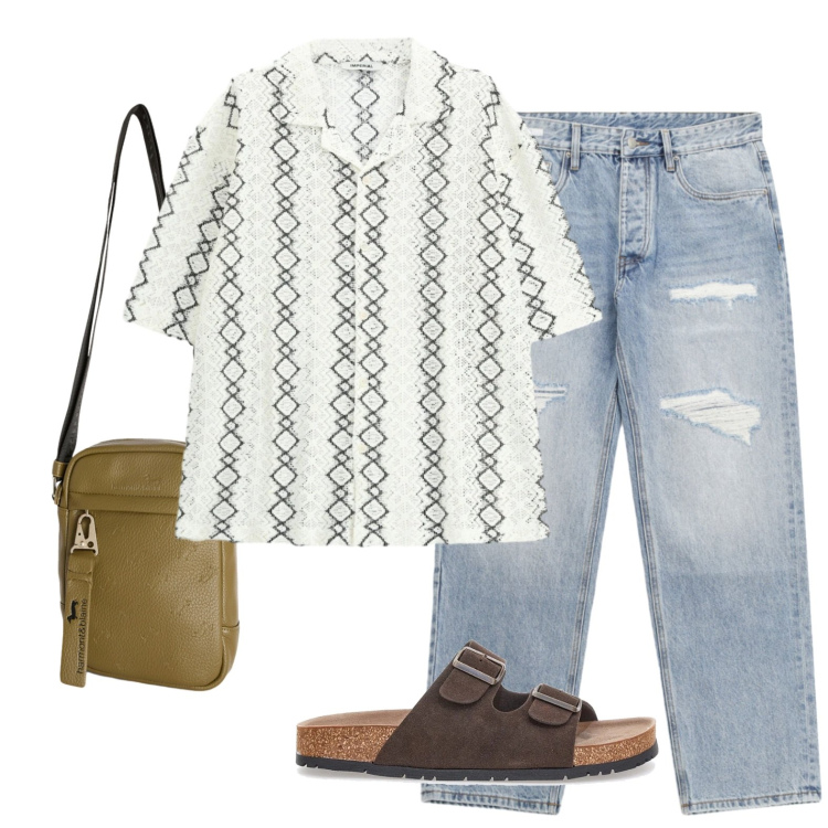 Outfit uomo - Aperitivo in spiaggia. Stile Casual per Mare. Abbinamento con jeans strappati, camicie a manica corta, borse sportive, sandali.