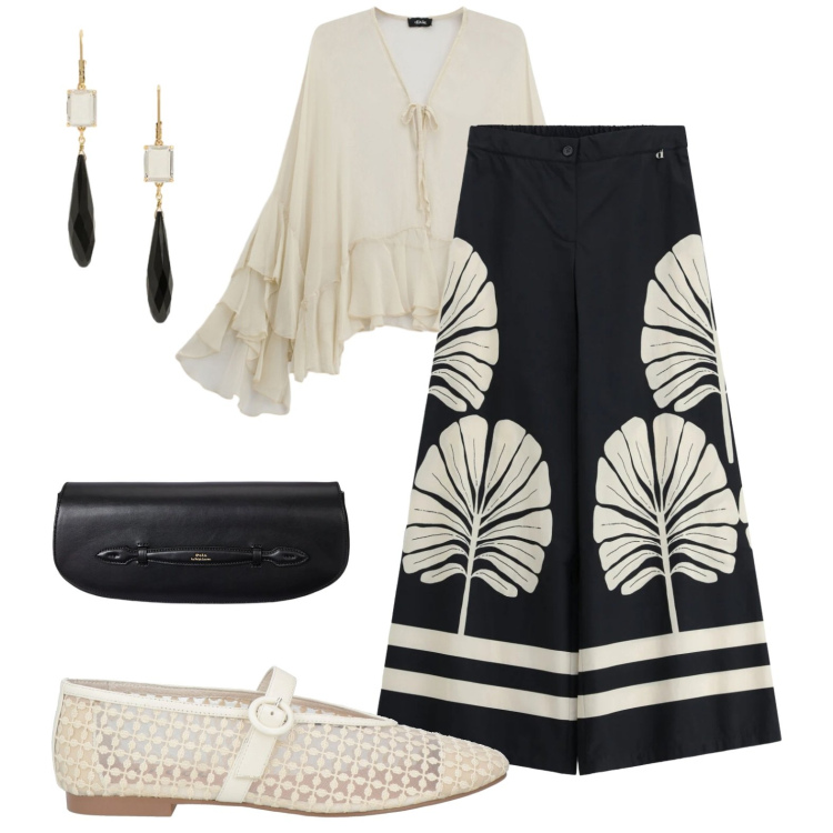 Outfit donna - Aperitivo al beach club. Stile Chic per Serata fuori. Abbinamento con ballerine, pantaloni a palazzo, bluse, clutch, orecchini.