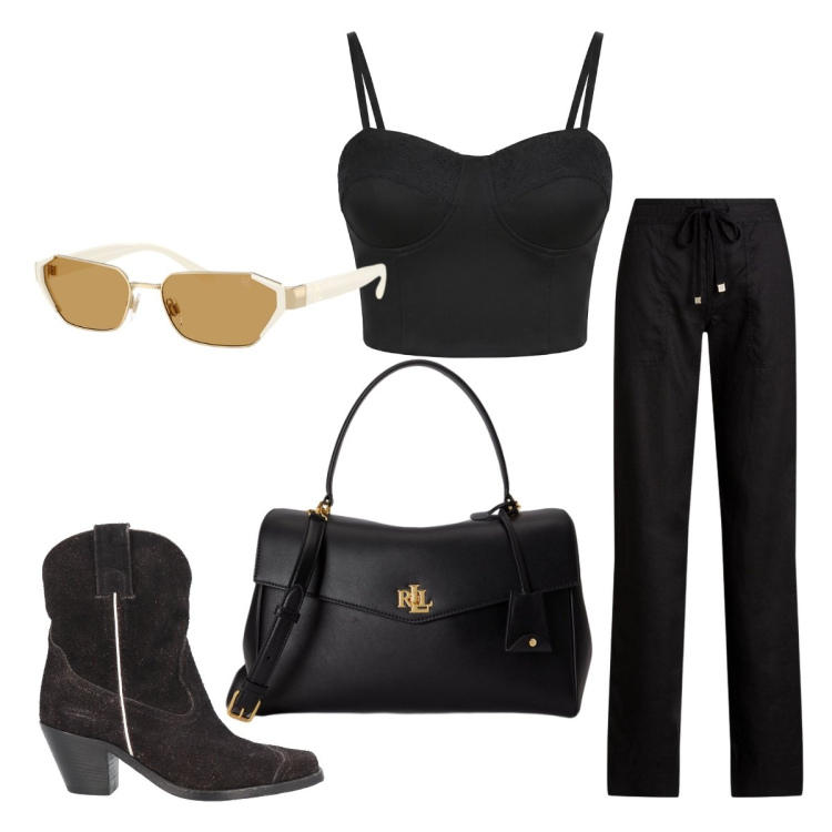 Outfit donna - Giugno black. Stile Minimal per Serata fuori. Abbinamento con stivaletti texani, top, pantaloni, borse a mano, occhiali da sole.