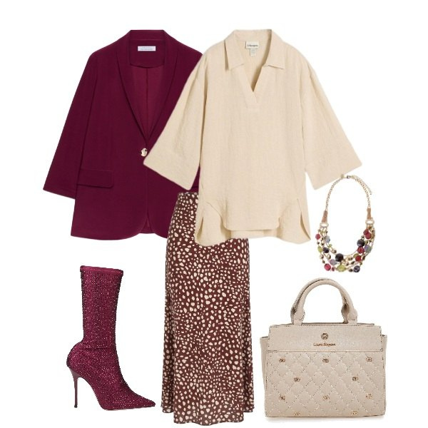 Outfit donna - bordeaux-beige. Stile Sporty chic Abbinamento con blazer, gonne lunghe, collane, stivali, bluse, borse a mano.