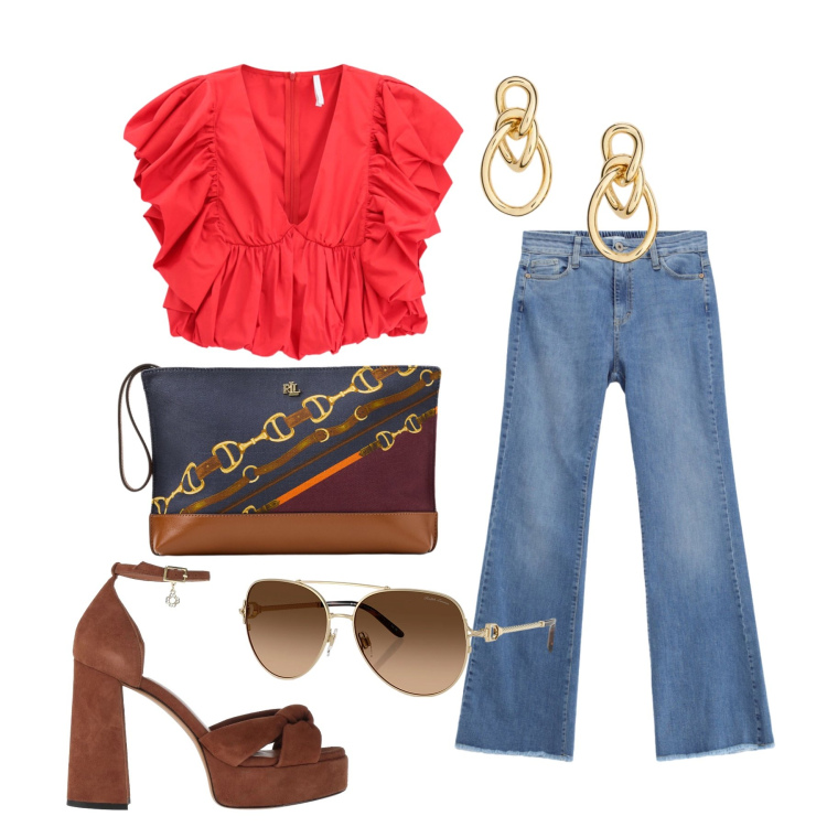 Outfit donna - Giugno. Stile Glamour per Tutti i giorni. Abbinamento con sandali in pelle, top, jeans, occhiali da sole, pochette, orecchini.