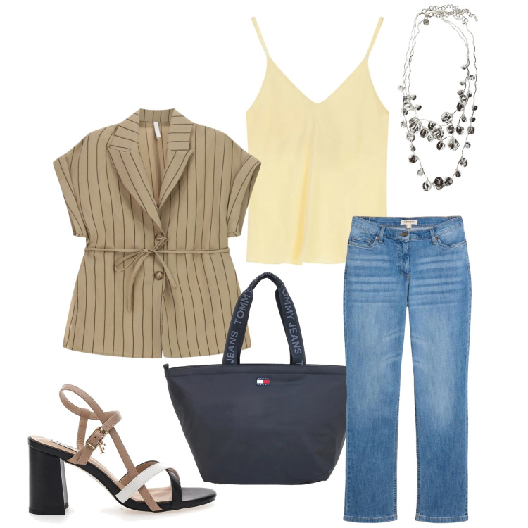 Outfit donna - Total look #2411650. Stile Casual chic per Tutti i giorni. Abbinamento con jeans dritti, blazer, collane, top, sandali col tacco, borse tote.