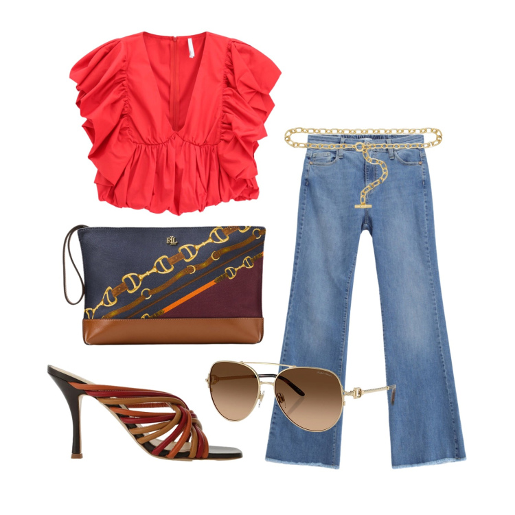Outfit donna - Giugno. Stile Glamour per Tutti i giorni. Abbinamento con top, jeans, sandali, occhiali da sole, pochette, cinture.