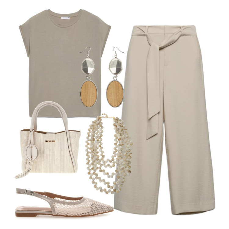 Outfit donna - Ballerine in mesh. Stile Chic per Ufficio. Abbinamento con pantaloni a palazzo, t-shirt, collane, orecchini, ballerine, borse a tracolla.