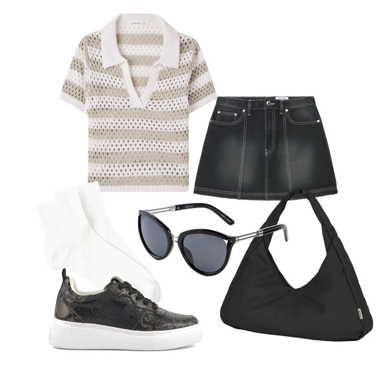 Outfit donna - Giugno. Stile Casual chic per Tutti i giorni. Abbinamento con occhiali da sole, t-shirt, minigonne, calzini, borse a spalla, sneakers.