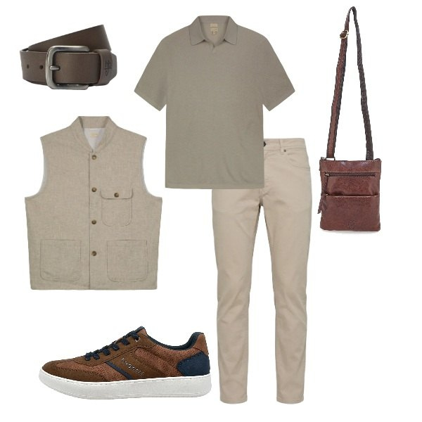 Outfit uomo - light summer. Stile Urban Abbinamento con polo, gilet, pantaloni, cinture, portafogli, scarpe stringate.