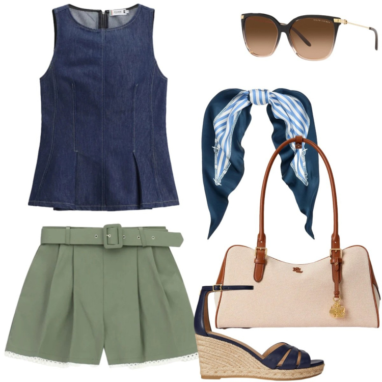 Outfit donna - Please - Slow Pleasure. Stile Casual chic per Tutti i giorni. Abbinamento con shorts, top, zeppe, occhiali da sole, borse a mano, foulard.