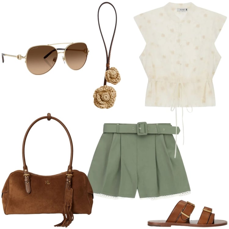 Outfit donna - Un po\' di estate, Please!. Stile Basic per Tutti i giorni. Abbinamento con shorts, top, borse a spalla, occhiali da sole, sandali in pelle, ciondoli.