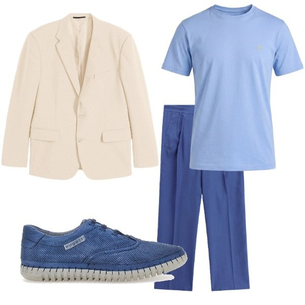 Outfit uomo - serata al mare. Stile Casual Abbinamento con giacche, pantaloni, t-shirt, scarpe stringate.