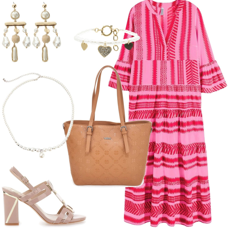Outfit donna - L\'abito confortevole e di tendenza. Stile Basic per Tutti i giorni. Abbinamento con vestiti lunghi, collane, braccialetti, orecchini, sandali col tacco, borse a tracolla.