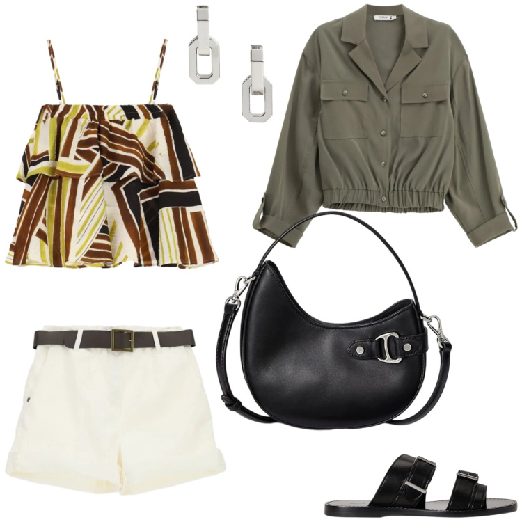 Outfit donna - Un po\' di estate, Please!. Stile Etnico per Tutti i giorni. Abbinamento con camicie, top, shorts, orecchini, sandali in pelle, borse a tracolla.