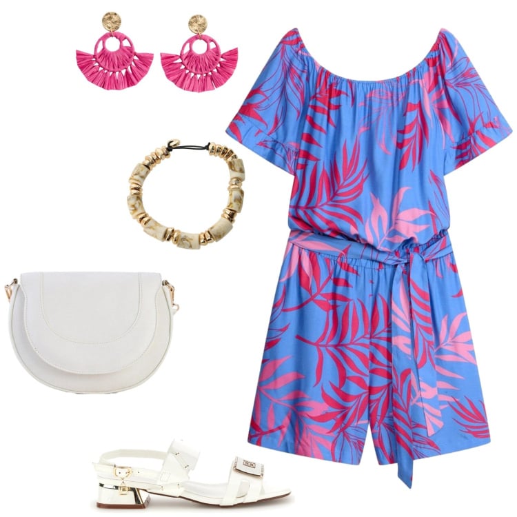 Outfit donna - L\'estate con i colori smaglianti. Stile Trendy per Tutti i giorni. Abbinamento con tuta corta, orecchini, borse a tracolla, braccialetti, sandali col tacco.