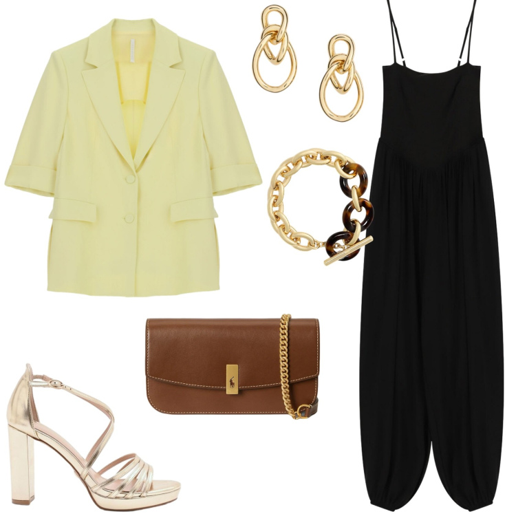 Outfit donna - Apericena. Stile Glamour per Serata fuori. Abbinamento con blazer, sandali col tacco, clutch, orecchini, braccialetti, tute.
