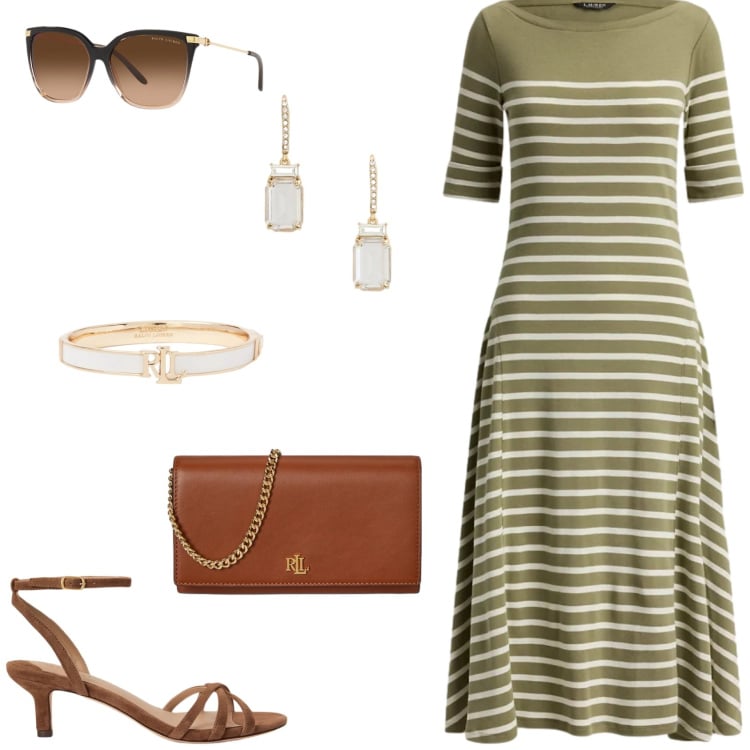 Outfit donna - L\'abito con righe bretoni. Stile Glamour per Tutti i giorni. Abbinamento con occhiali da sole, borse a tracolla, vestiti midi/longuette, sandali col tacco, braccialetti, orecchini.