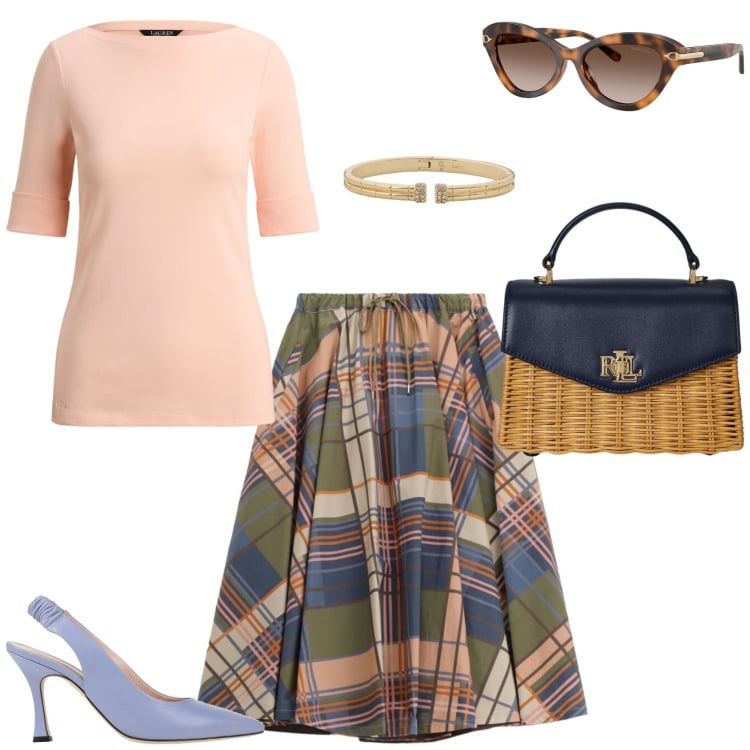Outfit donna - Per una uscita nel pomeriggio. Stile Bon Ton per Serata fuori. Abbinamento con décolleté, gonne lunghe, occhiali da sole, t-shirt, braccialetti, borse a mano.