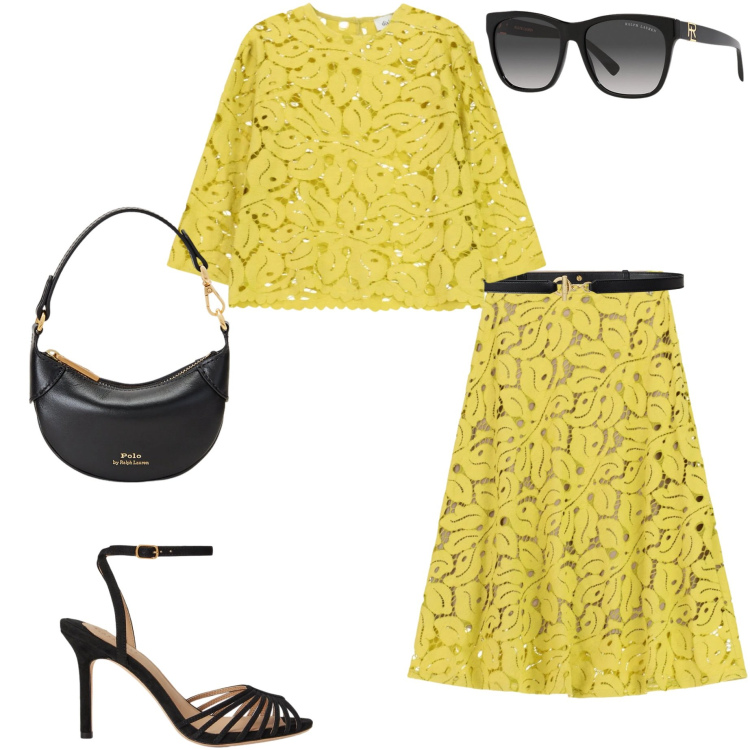 Outfit donna - Un tocco di giallo. Stile Chic per Cerimonia. Abbinamento con occhiali da sole, portafogli, sandali col tacco, cinture, gonne longuette, top.