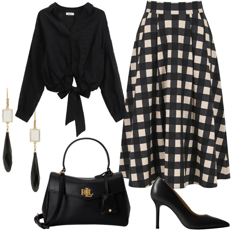 Outfit donna - Cena romantica. Stile Chic per Serata fuori. Abbinamento con gonne longuette, bluse, décolleté, borse a mano, orecchini.
