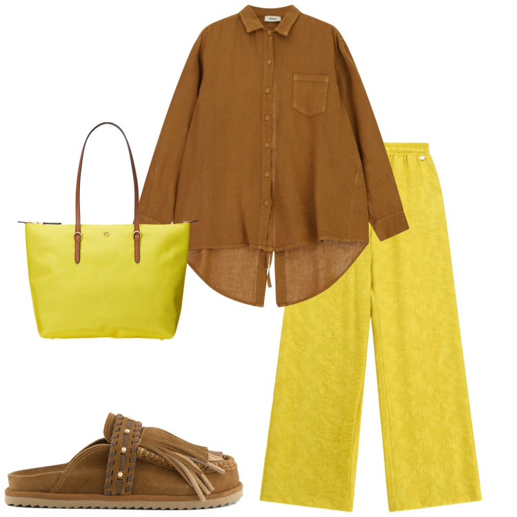 Outfit donna - Un tocco di giallo. Stile Casual chic per Ufficio. Abbinamento con pantaloni a palazzo, camicie, borse tote, sabot.