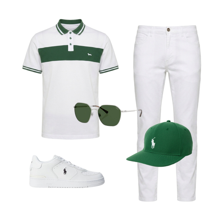 Outfit uomo - Green Prestige. Stile Business/Elegante per Tutti i giorni. Abbinamento con polo, jeans, sneakers, cappelli, occhiali da sole.