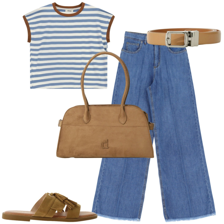 Outfit donna - Giugno. Stile Casual per Tutti i giorni. Abbinamento con cinture, sandali, top, cappotti, jeans.
