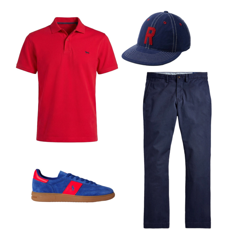Outfit uomo - Navy & Red Statement. Stile Casual per Sport. Abbinamento con polo, pantaloni, sneakers, cappelli con visiera.