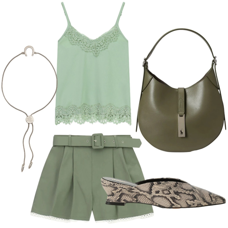 Outfit donna - Sabot effetto pitone. Stile Casual per Tutti i giorni. Abbinamento con shorts, top, sabot, braccialetti con ciondoli, borse a spalla.
