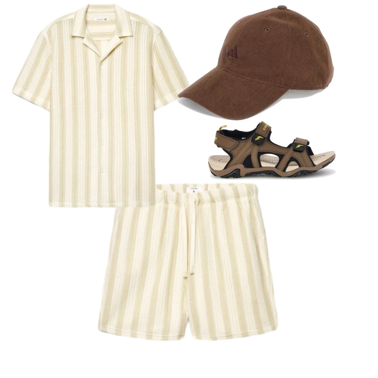 Outfit uomo - Natural Explorer. Stile Urban per Tutti i giorni. Abbinamento con camicie a manica corta, pantaloni corti, cappelli con visiera, sandali.