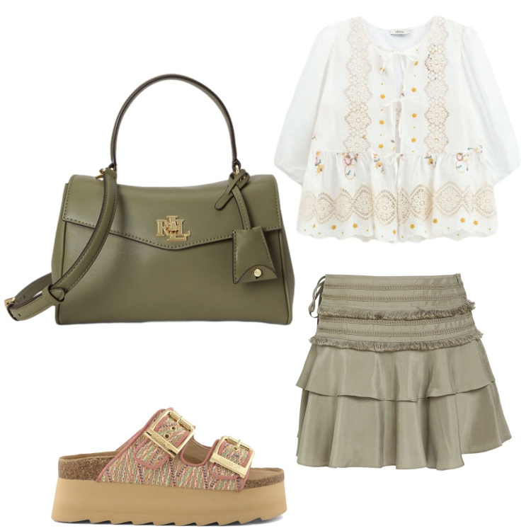 Outfit donna - Blusa romantica. Stile Romantica per Ufficio. Abbinamento con minigonne, bluse, borse a mano, ciabatte.