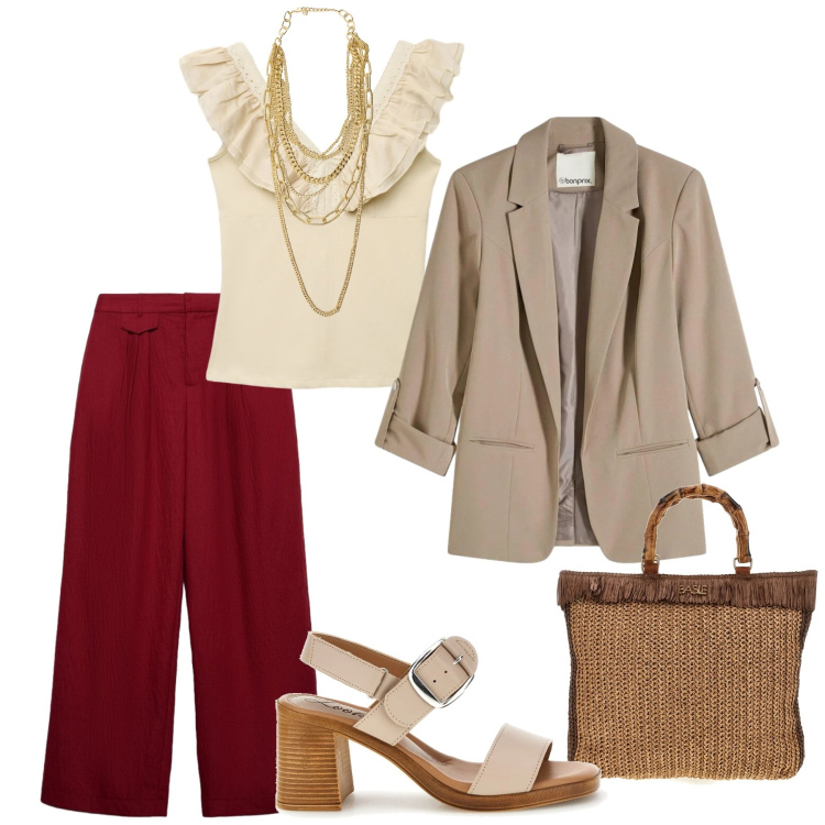 Outfit donna - Total look #2411717. Stile Casual chic per Ufficio. Abbinamento con blazer, pantaloni, canottiere, collane, sandali col tacco, borse a mano.