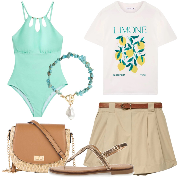 Outfit donna - Estate magnifica. Stile Basic per Mare. Abbinamento con costumi interi, borse a tracolla, shorts, t-shirt, braccialetti, sandali.