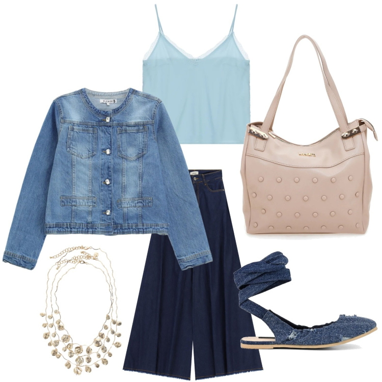 Outfit donna - Tocco urbano deciso. Stile Glamour per Tutti i giorni. Abbinamento con canottiere, blazer, jeans, collane, ballerine, shopping bag.