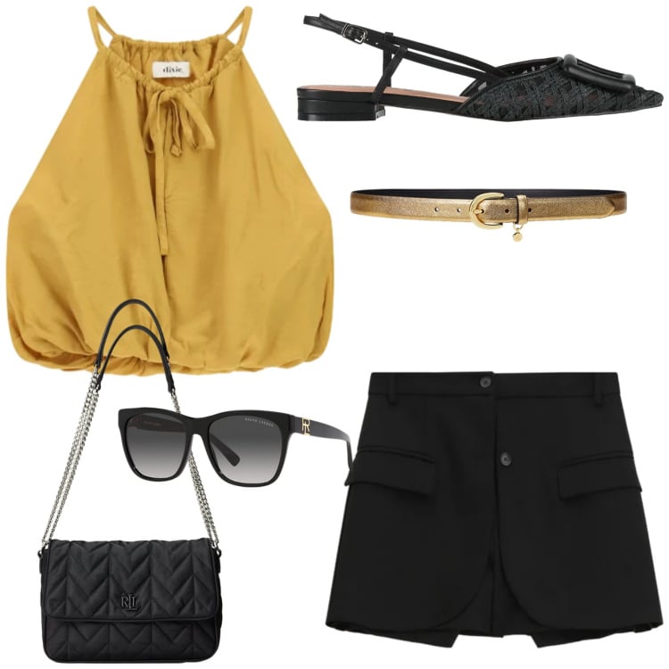 Outfit donna - Un tocco di giallo. Stile Glamour per Tutti i giorni. Abbinamento con ballerine, shorts, top, occhiali da sole, cinture, borse a tracolla.